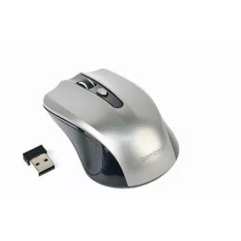 Belaidė pelė GEMBIRD MUSW-4B-04-BG – dešiniarankė, optinė 1600 DPI, 4 mygtukai, RF, juoda/pilka