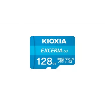 MicroSDXC atminties kortelė Kioxia EXCERIA G3 128 GB UHS-I U3 V30 – 160/50 MB/s, 10 klasė, mėlyna
