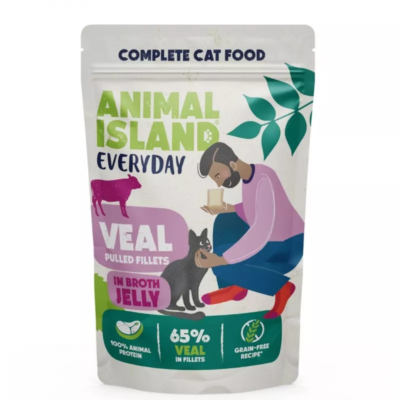 Šlapias kačių ėdalas animal island Everyday Jelly Veal — 12 x 85 g paketėliai, suaugusioms katėms, be cukraus/sojos/glitimo