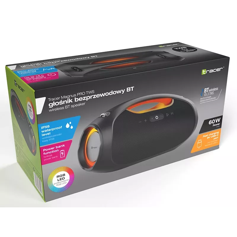 Nešiojamas stereo garsiakalbis TRACER TRAGLO47226 – belaidis Bluetooth 5.3, 60 W RMS, 12 h baterija, juodas
