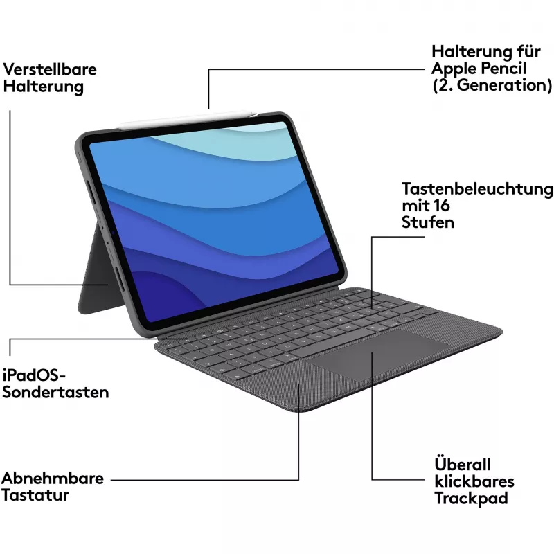 Dėklas su klaviatūra Logitech Combo Touch US iPad Pro 11 1,2,3 gen pilka