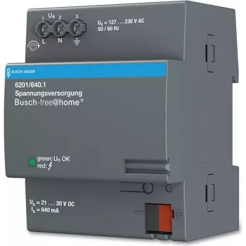 Maitinimo adapteris/inverteris Busch-Jaeger 6201/640.1, vidaus montažui, įėjimas 127–230 V, išėjimo srovė 0,64 mA, pilka, 72×64×90 mm