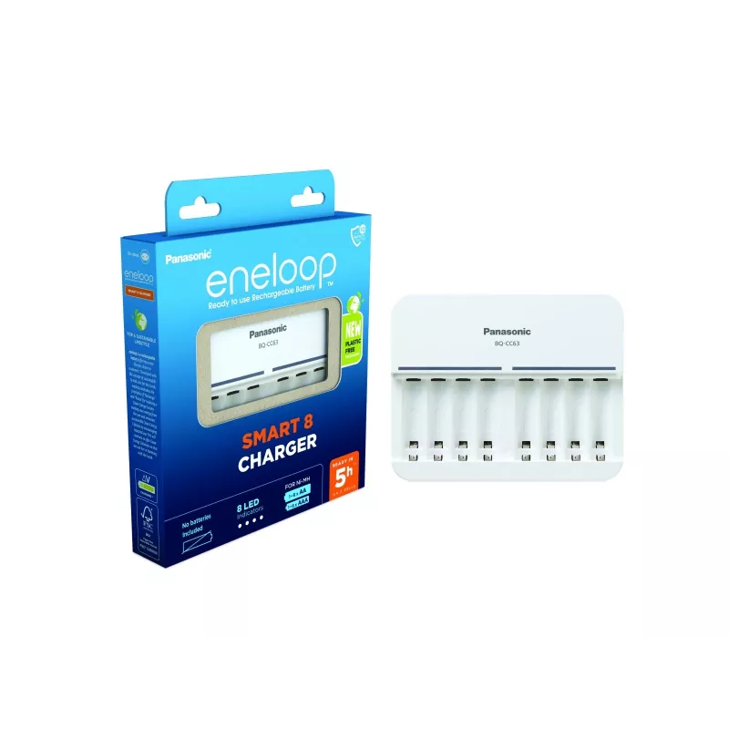 Patalpų akumuliatorių įkroviklis Panasonic BQ-CC63 – įkrauna 8 AA/AAA, 100–240 V, baltas