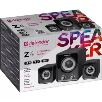 Garsiakalbių sistema DEFENDER Z4 laidinė 2.1, 11 W RMS, juoda, USB 5V maitinimas, 3,5 mm ausinių išvestis
