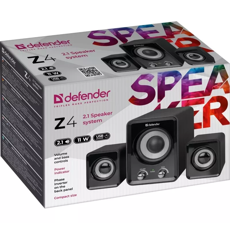 Garsiakalbių sistema DEFENDER Z4 laidinė 2.1, 11 W RMS, juoda, USB 5V maitinimas, 3,5 mm ausinių išvestis