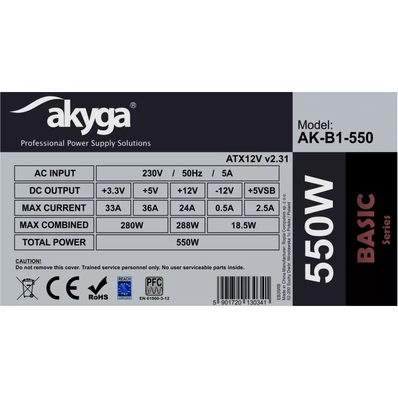 Akyga Basic AK-B1-550 ATX maitinimo blokas 550 W, 120 mm ventiliatorius, pasyvus PFC, pilkas
