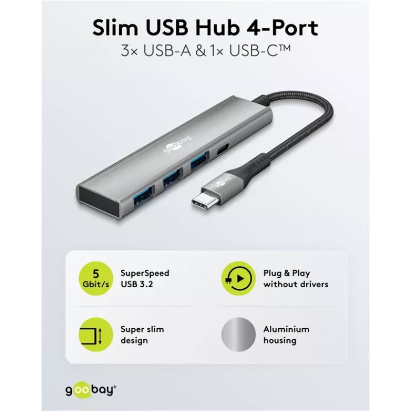 Goobay Slim 4-Port USB Hub USB-C į USB-A 5 Gbit/s - 1x USB-C, 3x USB-A (76562)