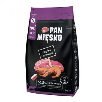Sausas kačių ėdalas Pan Miesko Veršiena su Krevetėmis, Mažų veislių, Suaugusioms, 5 kg, Baltymai 39%, Riebalai 16%
