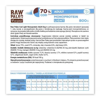 Šlapias šunų ėdalas VETEXPERT Raw Paleo Cod Light Adult 800 g skardinėje, žuvies skonio, 11,3% baltymų, 1,7% riebalų
