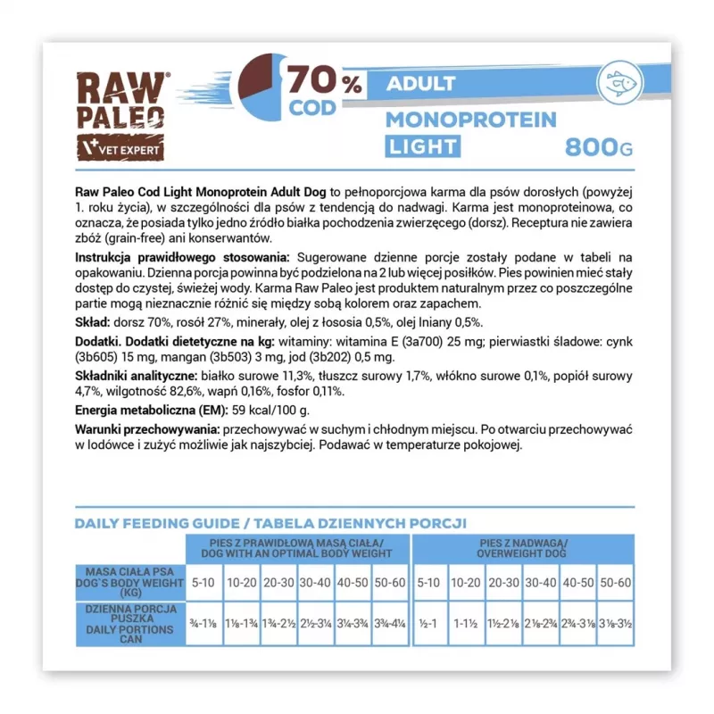 VetExpert Raw Paleo Cod Light Monoprotein menkė, drėgnas šunų ėdalas, 800 g