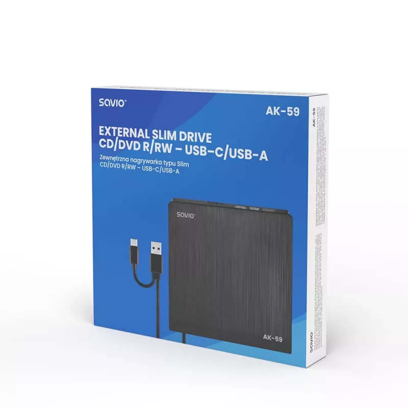 SAVIO AK-59 Išorinis plonas CD/DVD įrašymo įrenginys R/RW - USB-C/USB-A, juodas
