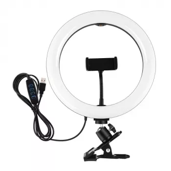 LED žiedinis apšvietimas 26 cm su telefono laikikliu ir spaustuku, USB