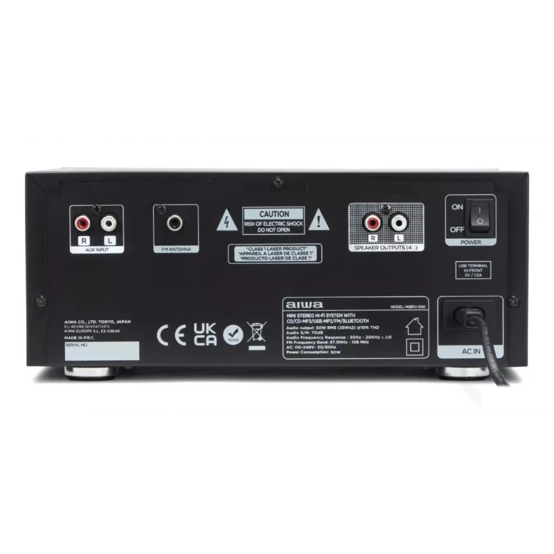 Mikro sistema namų garso Aiwa MSBTU-550 — 50 W RMS, Bluetooth 10 m, FM, LED ekranas, RCA, Juoda