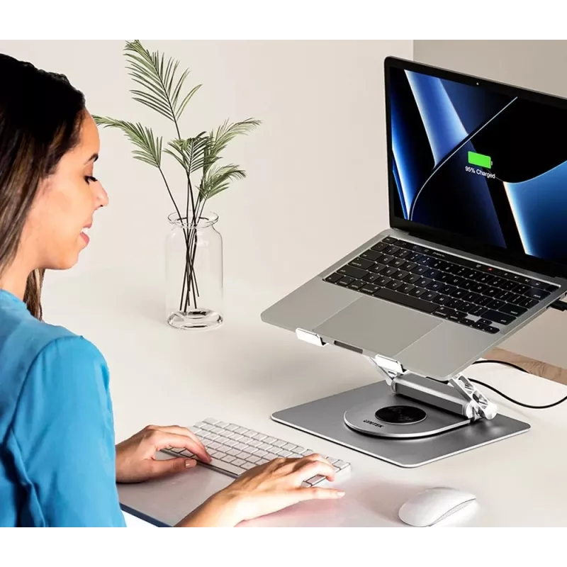 Nešiojamojo kompiuterio stovas Unitek D1109B01 – aliumininis reguliuojamas stovas su atjungiamu USB‑C moduliu, HDMI 4K, PD 100W, 2x USB‑A, RJ‑45, tinka iki 17 colių
