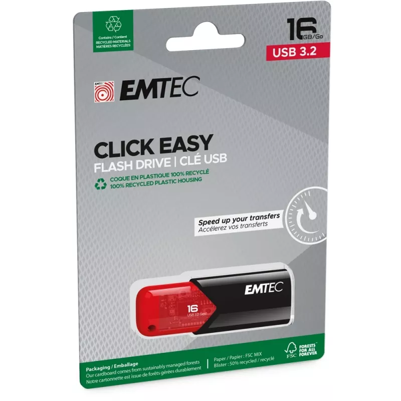 USB atmintukas Emtec Click Easy 16 GB USB Type-A 3.2 Gen 2 juodas raudonas