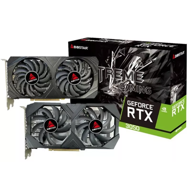 BIOSTAR GeForce RTX 3050 6GB GDDR6 PCIe 4.0 vaizdo plokštė, 2304 CUDA branduoliai, 96 bitų, 2 ventiliatoriai, 225×43 mm