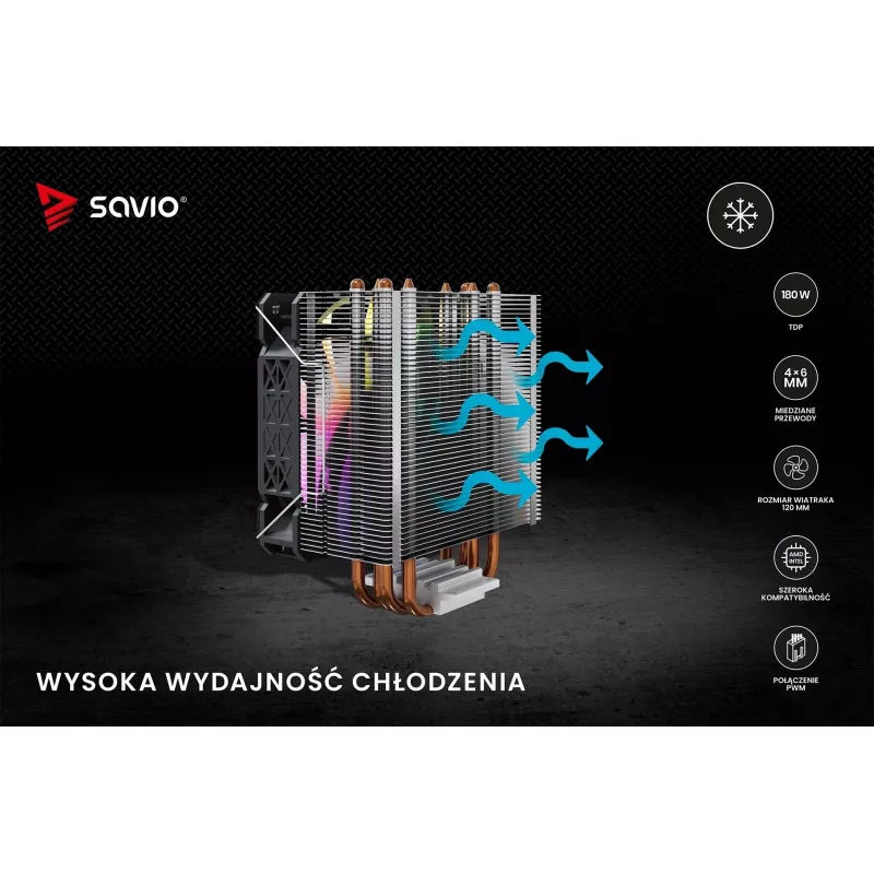 CPU aušintuvas SAVIO SAVGCOVORTEXX2ARGB su 4 šilumos vamzdeliais, 120 mm ARGB ventiliatoriumi, juodas
