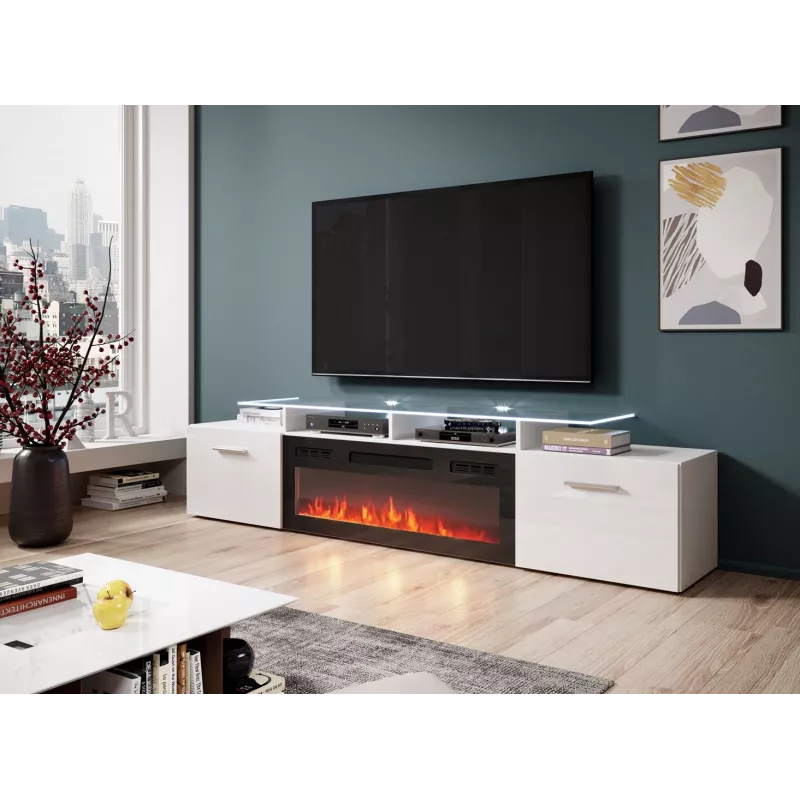 TV spintelė Cama Meble ROVA su elektriniu židiniu 190x37x48 cm balta/blizganti balta