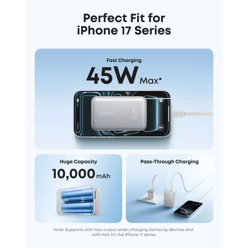 Power bank Anker A1638 10000 mAh, 45 W bendra galia, baltas, su įmontuotu ištraukiamu USB-C laidu