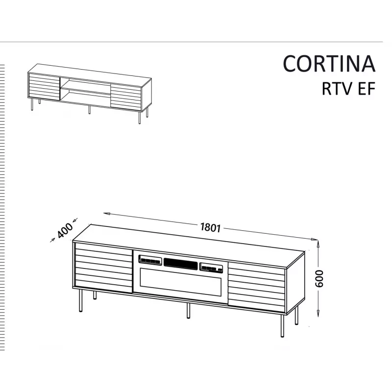 TV spintelė cama meble CORTINA EF 180×40×60 cm, juoda, medžio drožlių plokštės viršus, juodas rėmas