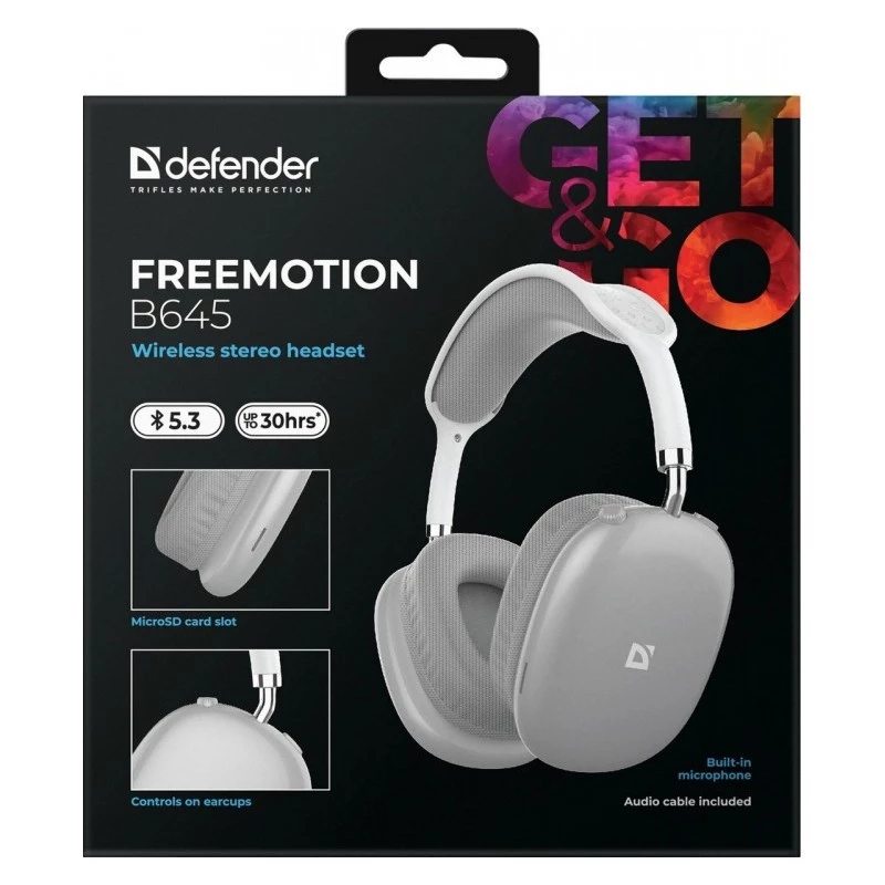 Belaidės ausinės ant galvos DEFENDER EEMOTION B645 — binauralinės, USB-C, AUX, 20–20 000 Hz, 105 dB