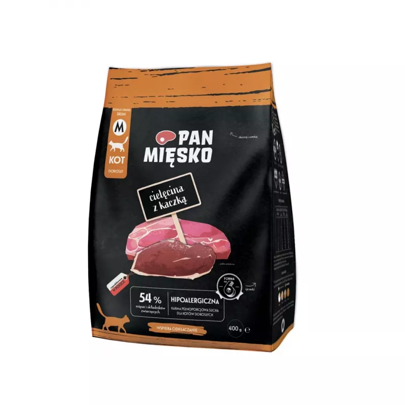 Pan Mięsko sausas maistas katėms su veršiena ir antiena (400 g)