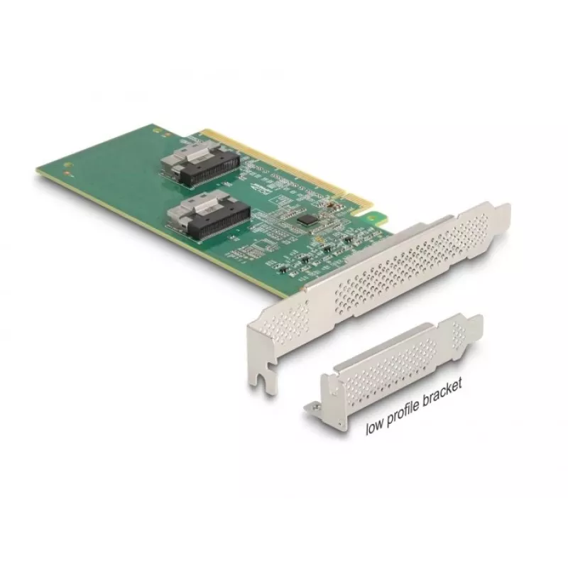 DeLOCK PCI Express 4.0 x16 kortelė su 4 x SFF-8639 (U.2) prievadais NVMe diskams – bifurkacija – Low Profile formos faktorius