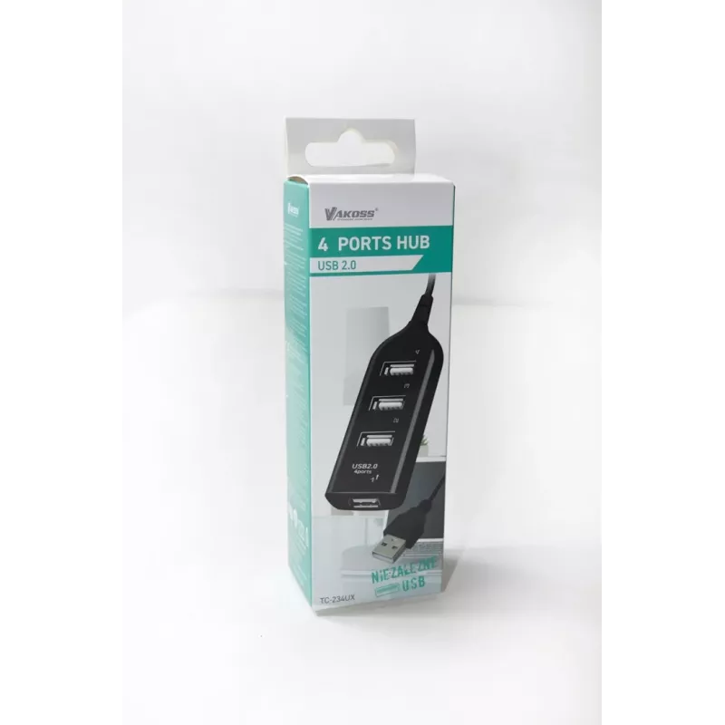 VAKOSS USB stotelė TC-234UX — 4 prievadų USB 2.0 stotelė, DC maitinimas (5V, 1A), juoda