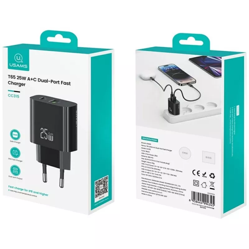 USB-C ir USB-A sieninis įkroviklis USAMS USA001629 25W greitasis įkrovimas