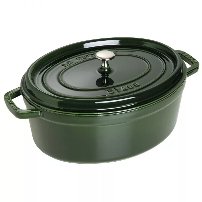 Staub La Cocotte 33 cm ovali ketaus troškintuvas su emaliu, baziliko žalia
