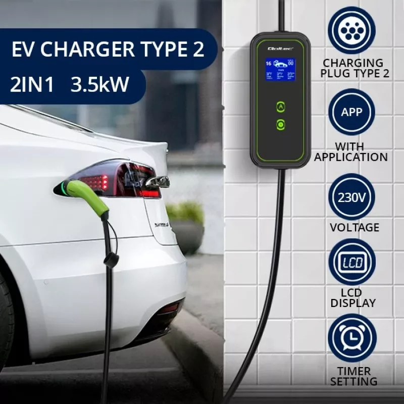 Qoltec Mobile EV Car Charger nešiojamas elektromobilio įkroviklis 2in1 Type2 | 3.5kW | 230V | Wi-Fi | LCD | 5m