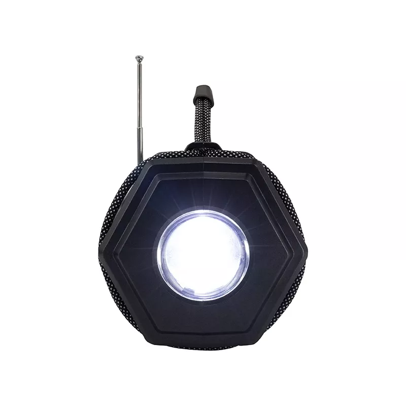 Tracer Explorer TRAGLO47616 nešiojamoji Bluetooth kolonėlė, TWS, Bluetooth 5.3, 15 W RMS, FM radijas, žibintas, saulės elementas, 1800 mAh maitinimo bankas, microSD, juoda