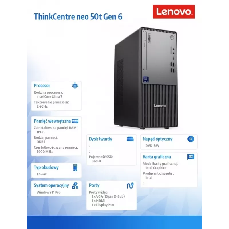Stalinis kompiuteris Lenovo ThinkCentre Neo 50t G6 Tower — Intel Ultra 7 265, 16GB RAM, 512GB SSD, Windows 11 Pro, DVD, juodas, 3Y OS+1Y CI