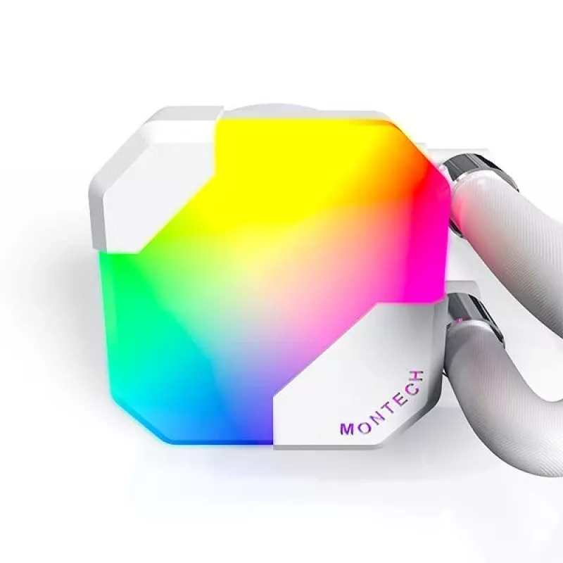 AIO vandens aušintuvas Montech Hyper Flow ARGB 240 mm White – 240 mm radiatorius, ARGB apšvietimas, balta spalva