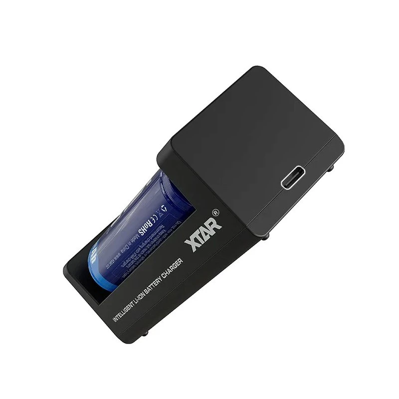 XTAR dviejų lizdų Li-Ion akumuliatorių įkroviklis 18650 elementams, USB-C įvestis, juodas, LED indikatoriai