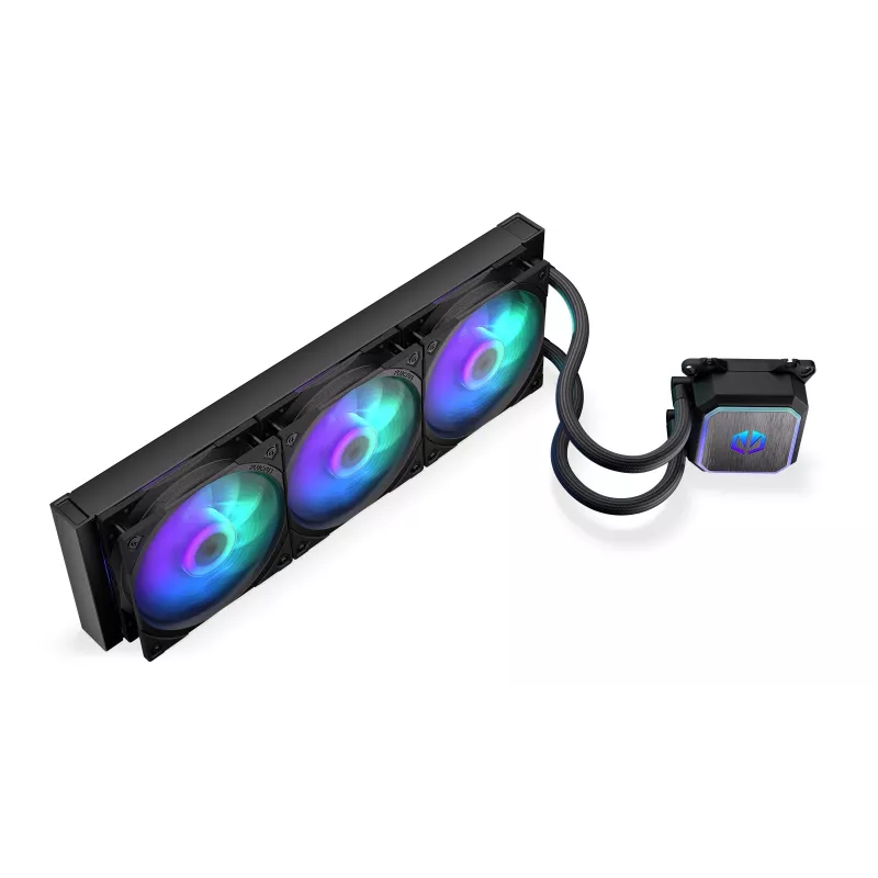 Vandens aušintuvas ENDORFY Navis F360 ARGB Black — 360 mm radiatorius, 3x 120×25 mm ventiliatoriai, 250–1800 RPM, siurblys 1600–2600 RPM, LGA 1700/AM5/AM4