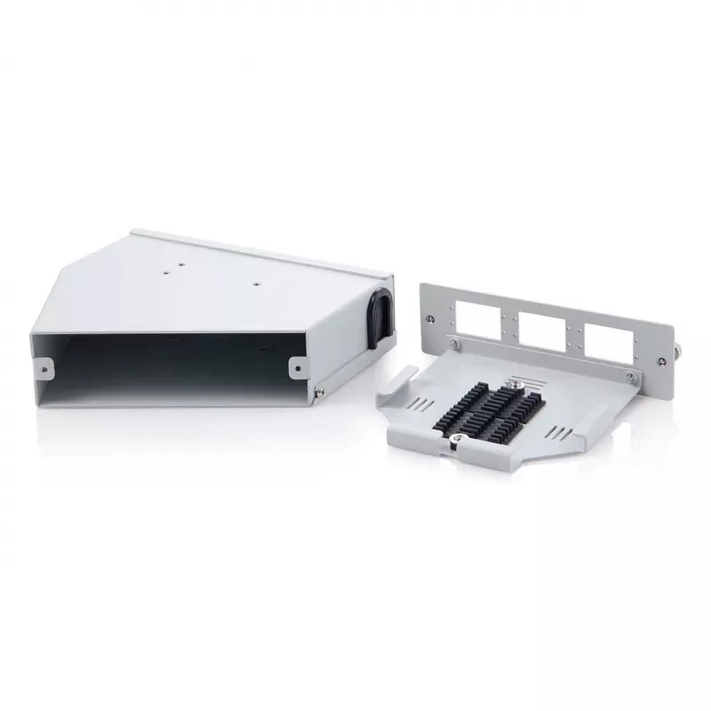 DIN bėgio skaidulinės optikos sujungimo skirstytuvas DIGITUS DN-96893 — kampuotas, 6 SC DX / LC Quad, aliuminis, pilkas