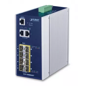 Valdomas tinklo jungiklis PLANET IGS-10080MFT — 2 x Gigabit RJ-45, 8 x SFP, 12–48V DC, valdomas, IP30