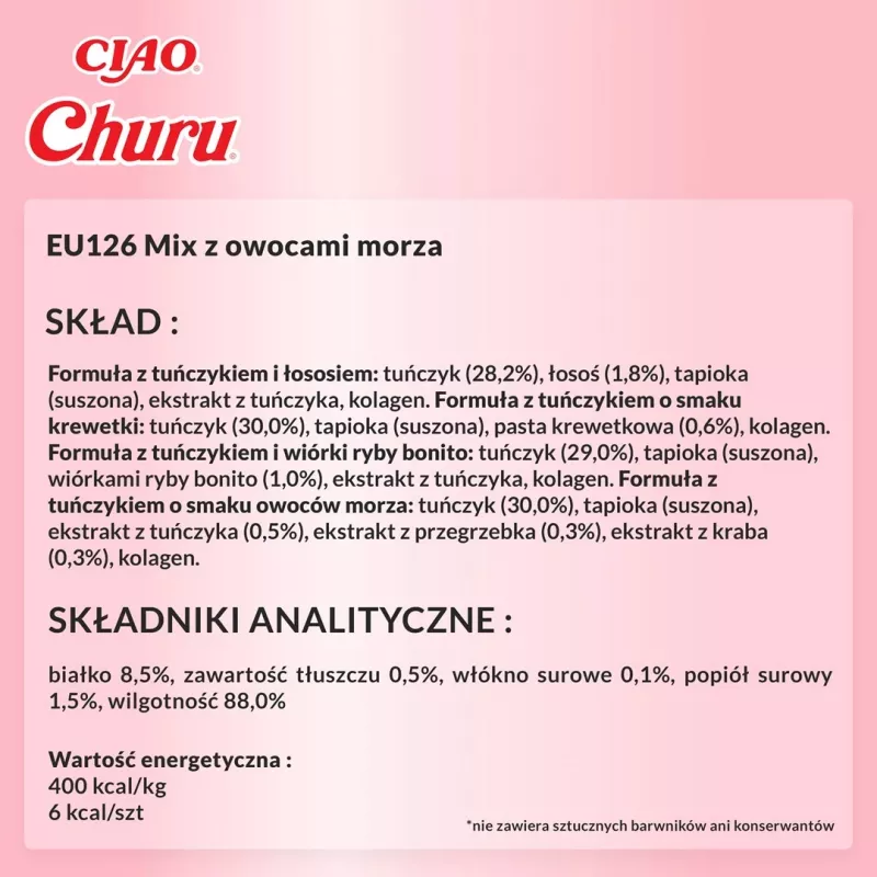 INABA Churu Variety Box Seafood šlapi kačių skanėstai — 20 vnt. × 14 g, žuvies pastelė, be grūdų, be cukraus, be glitimo