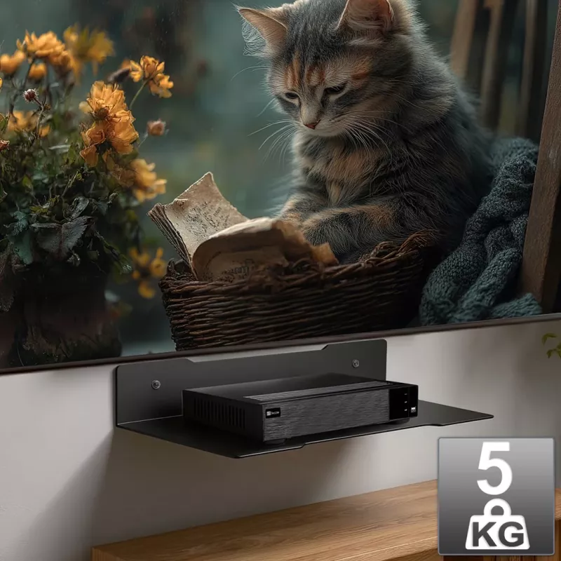 Sieninė lentyna dekoderiui MACLEAN MC-122, plieninė, juoda, maks. apkrova 5 kg, skylių tarpas 219 mm