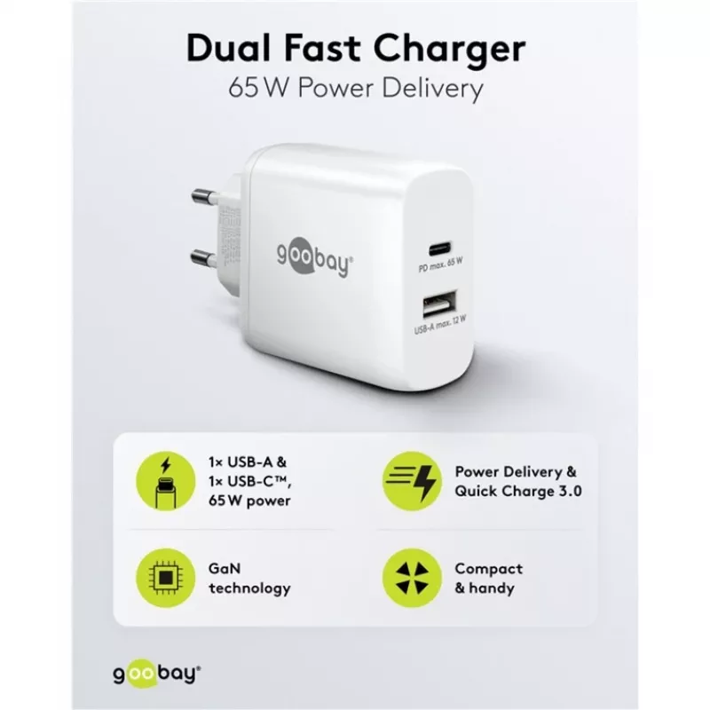 USB-C dvigubas greitas įkroviklis, PD, GaN, 65 W (baltas, 1x USB-C, 1x USB-A, Power Delivery)
