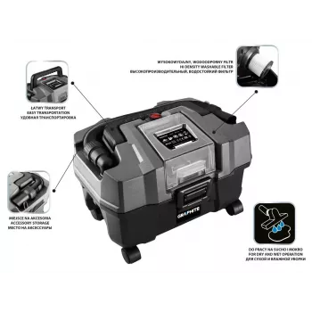 Belaidis dulkių siurblys GRAPHITE 58G105 18V 10L šlapiam ir sausam valymui