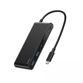 Belkin Connect USB-C centras, USB Type-C, HDMI, USB 2.0 Type-A, USB 3.2 Gen 1 Type-C, MicroSD, SD, juodas, apvalus kabelis, 0,2 m