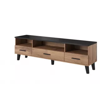 TV stovas Cama Meble LOTTA 180 cm – ąžuolo Wotan rėmas, matinis juodas medžio drožlių plokštės viršus, 1800×400×530 mm