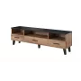 TV stovas Cama Meble LOTTA 180 cm – ąžuolo Wotan rėmas, matinis juodas medžio drožlių plokštės viršus, 1800×400×530 mm