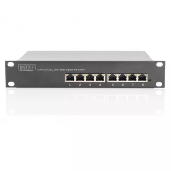 DIGITUS Gigabit Ethernet PoE jungiklis 8 prievadų PoE+ 10 colio stovo, iki 80 W PoE biudžeto