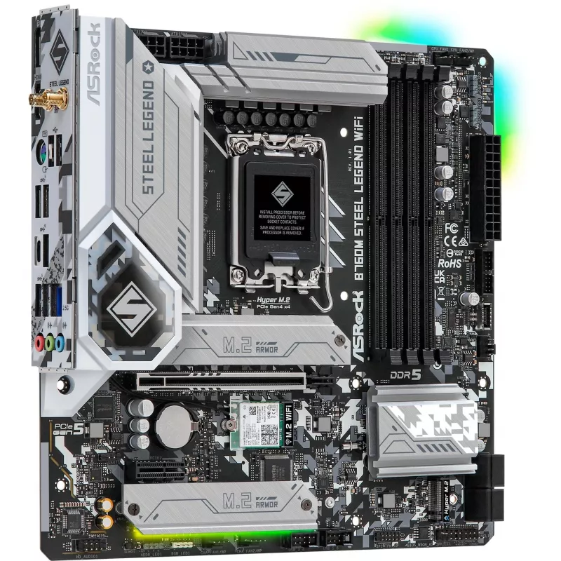 Motininė plokštė ASRock B760M Steel Legend WiFi — Intel B760, LGA 1700, micro ATX, DDR5, 4 DIMM, 128GB, Wi‑Fi 6E, 2.5Gb LAN