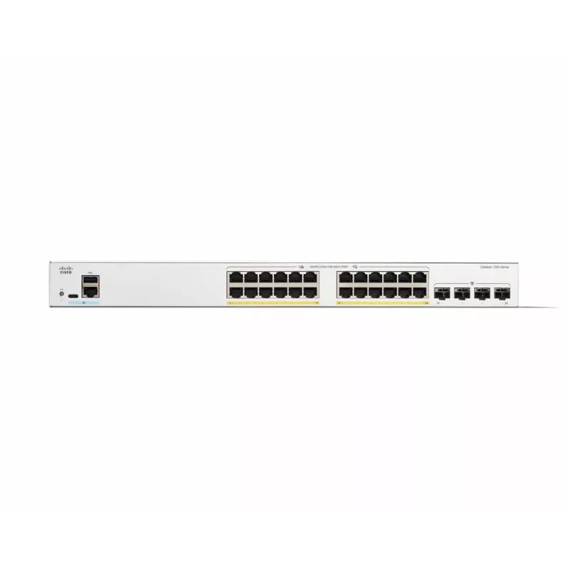 Cisco Catalyst 1300-24FP-4G valdomas jungiklis, 24 prievadai GE, pilnas PoE, 4x1GE SFP, ribota viso naudojimo laiko apsauga (C1300-24FP-4G)