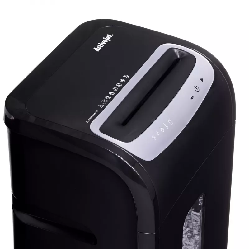 Dokumentų smulkintuvas ActiveJet ASH-2502C — kryžminis pjovimas P-4, 25 lapų, 4x40 mm, 28 L krepšelis, 22,8 cm padavimas, 30 min darbo ciklas