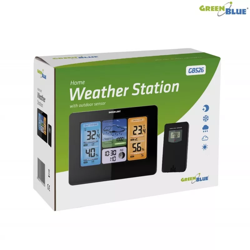 Skaitmeninė orų stotelė GreenBlue GB526 juoda – vidaus -20…60°C, lauko -40…70°C, drėgmė -20…95%, laikrodis, mėnulio fazė